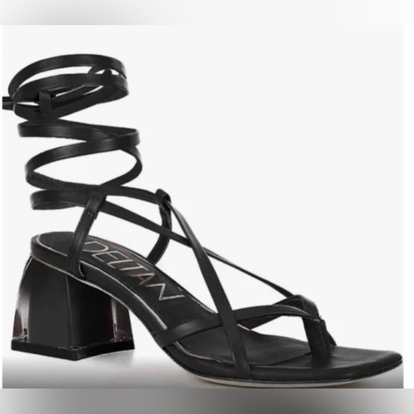 Deltan Size 8M Fawn Ankle Wrap Strappy Block Heel Thong Dress Sandals Black NEW - Picture 3 of 7